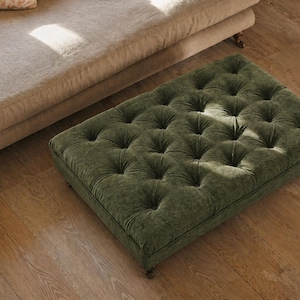 Handmade Deep Buttoned Chesterfield Coffee Table Custom Size | Muted Green Velvet Conifer