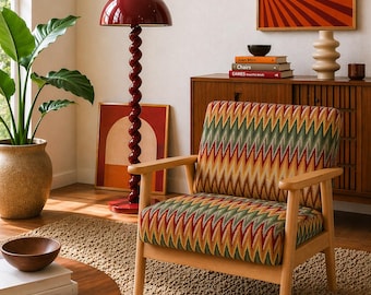 Sillón tapizado de estilo moderno de mediados de siglo / Estampado en zigzag de los años 70