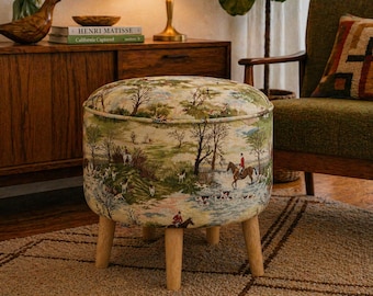Custom Upholstered Ottoman Round Hidden Storage Footstool | English Fox Hunt Fabric
