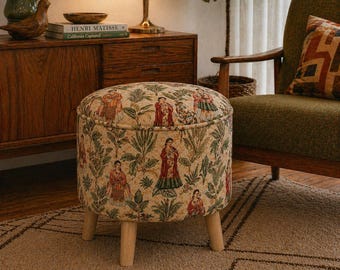 Otomana redonda tapizada con almacenamiento oculto, taburete para los pies, estilo Frida Kahlo y decoración mexicana.