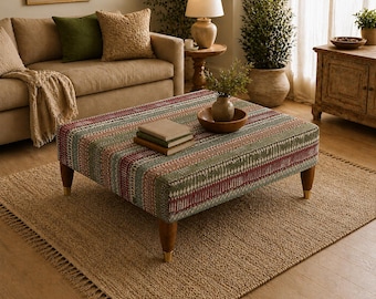 Handmade Upholstered Ottoman Coffee Table Bench | Boho Earthy Moroccan Kilim Heritage Fabric