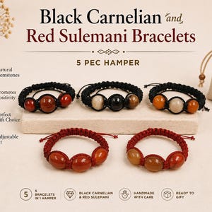 May include: A set of five bracelets featuring black and red braided cords with polished gemstone beads. The text reads Black Carnelian and Red Sulemani Bracelets, 5 PEC HAMPER, Natural Gemstones, Promotes Positivity, Perfect Gift Choice, Adjustable Fit.