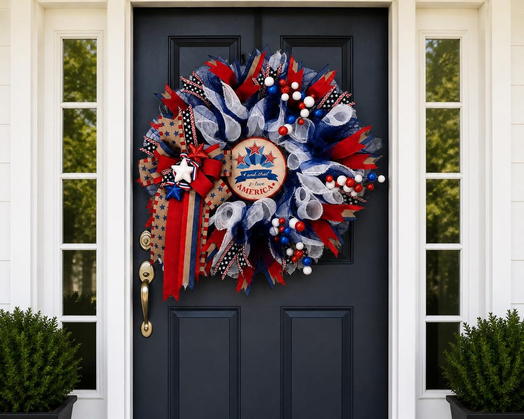 Patriotic Deco Mesh Wreath | 4th of July Front Wreath | Red White Blue ...
