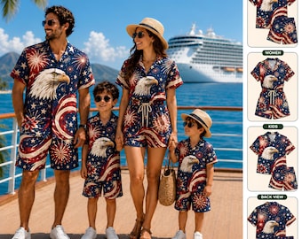 USA Matching Family Hawaiian Outfit, Patriotic Eagle Shirt Shorts Set for Men Women Kids