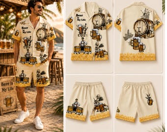 Beer Hawaiian Shirt Shorts Set, Funny Beer Vacation Outfit for Men Beach Party