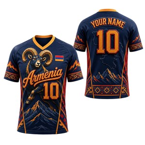 May include: A navy blue short-sleeve jersey featuring a graphic of a ram, the text Armenia, and the number 10 on the front. The back displays the text YOUR NAME and the number 10. The design includes mountain motifs, the Armenian flag, and orange trim.