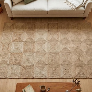 Handvävd flätad jutematta, geometrisk naturfibermatta, rustik lantlig golvmatta, miljövänlig boho-inredning