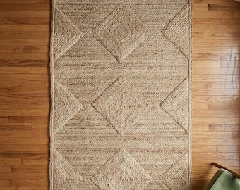 Handwoven Jute Runner Rug, Natural Diamond Trellis Rug, Boho Farmhouse Hallway Runner, Geometric Flatweave Jute Carpet