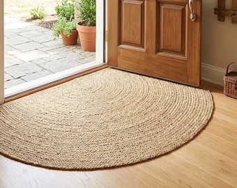 Alfombra de yute trenzada a mano en forma de media luna, felpudo natural para la entrada, alfombra semicircular ecológica, alfombra rústica bohemia para el suelo, decoración de yute hecha a mano.