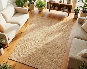 May include: A rectangular area rug crafted from natural tan jute fibers, featuring a prominent concentric circular pattern woven into the center. The rug has a textured, braided appearance and is positioned on a light-toned wooden floor.