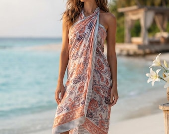 Blue Block Print Cotton Sarong | Handmade Pareo Beach Wrap | Women's Swimsuit Cover Up | Boho Resort Wear | Summer Vacation Gift