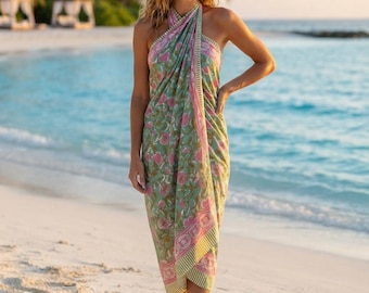 Boho-Strandkleid – Sarong aus handbedruckter Baumwolle, handgefertigter Pareo-Wickelrock, Urlaubskleidung für Damen