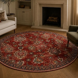 Round Red Persian Style Rug, Vintage Floral Medallion Carpet, Boho Oriental Home Decor