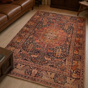 May include: A rectangular area rug featuring a dark navy blue background with an intricate, repeating pattern of orange, rust, and cream-colored floral motifs, stylized trees, and various animal figures throughout the central field and borders.