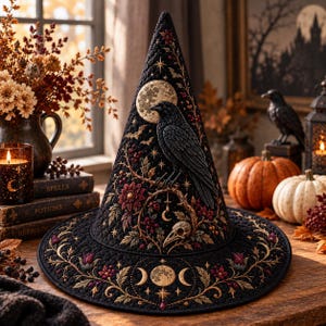 May include: A black pointed hat featuring intricate embroidery of a raven perched on a branch, a skull, a full moon, and floral motifs. The brim displays a triple moon phase symbol, stars, and vines in gold, red, and green thread on quilted fabric.
