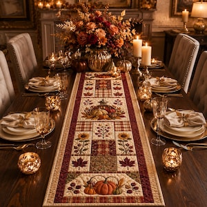 Könnte beinhalten: Ein rechteckiger, gesteppter Tischläufer mit einem Patchwork-Design aus herbstlichen Motiven wie Kürbissen, Sonnenblumen und Ahornblättern in Orange-, Rot- und Brauntönen, der auf einem dunklen Holztisch mit Gedecken platziert ist.