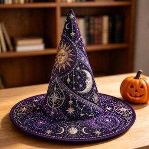 May include: A quilted purple witch hat featuring gold and silver celestial embroidery, including a sun face, a crescent moon, stars, and compass-like motifs. The fabric has a stitched texture, and the hat has a wide, flat brim.