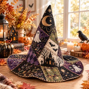 Puede incluir: Un sombrero de bruja puntiagudo con diseño de patchwork en paneles de tela negra, morada y crema. El sombrero está decorado con motivos bordados que incluyen una luna creciente, estrellas, fantasmas, murciélagos, una casa encantada y follaje.