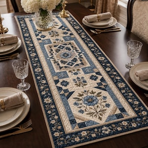 May include: A rectangular quilted table runner featuring a cream-colored center with blue floral embroidery and geometric patchwork borders in shades of navy and light blue. The runner is decorated with intricate flower motifs and vine patterns.