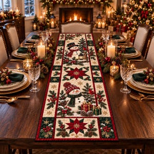 Snowman Christmas Quilt Table Runner, Winter Holiday Dining Table Decor, Farmhouse Christmas Centerpiece, Snowflake Pine Tree Seasonal Decor