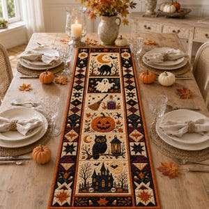 Puede incluir: Un camino de mesa rectangular con temática de Halloween que presenta un diseño acolchado con paneles de un gato negro, fantasma, escoba, poción, calabaza, búho, linterna y casa encantada, bordeado por estrellas, hojas y dulces en naranja, negro y crema.