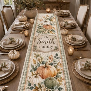 Pode incluir: Um caminho de mesa retangular de tecido com um design estampado de abóboras, folhas de outono e flores. O centro apresenta uma placa decorativa com o texto The Smith Family. O caminho tem uma borda xadrez verde e branca.