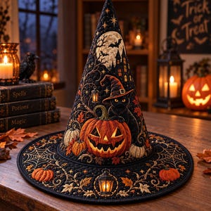 May include: A black quilted witch hat featuring an embroidered scene of a jack-o'-lantern, a black cat wearing a smaller hat, a full moon, bats, and a haunted house. The brim is decorated with spiderwebs, orange pumpkins, and lanterns.