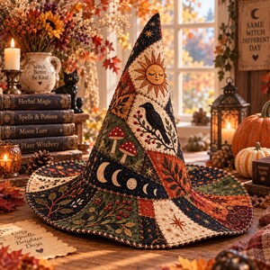 Könnte beinhalten: Ein spitzer Hexenhut mit Patchwork-Design und gestickten Motiven wie einer Sonne, einem schwarzen Raben, roten Pilzen, Mondphasen und herbstlichem Laub in Orange-, Grün- und Dunkelblautönen mit sichtbaren dekorativen Ziernähten.