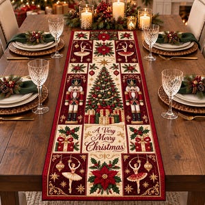 May include: A rectangular fabric table runner featuring a central Christmas tree, nutcrackers, ballerinas, and poinsettia motifs on a cream and red background. The text A Very Merry Christmas is printed in the center in a decorative script font.