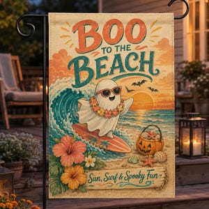 ビーチのハロウィンガーデンフラッグ、ビーチの幽霊フラッグ、不気味な夏のサーフデコレーション、トロピカルなハロウィンヤードデコレーション、海岸の秋のギフト