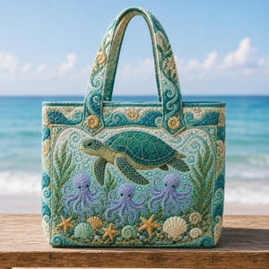 Quilted Ocean Tote Bag, Sea Turtle and Octopus Beach Carryall, Patchwork Coastal Marine Life Purse Tote Bag, Seashell Starfish Gift