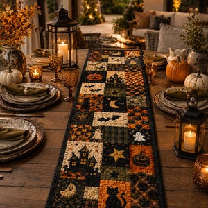 May include: A rectangular quilted table runner featuring a patchwork design with Halloween motifs including black cats, pumpkins, haunted houses, ghosts, bats, stars, and crescent moons in a color palette of orange, black, green, and cream.