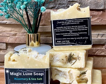 Rosemary Sea Salt Soap Bar | Tallow Goat Milk Cold Process Soap | Handmade Natural Exfoliating Body Bar | Cedarwood Frankincense Herbal Soap