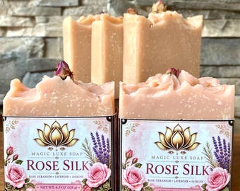Rose Silk Soap | Handmade Goat Milk Tallow Soap | Cold Process Pink Kaolin Clay Bar | Rose Geranium Lavender Jasmine Natural Skincare