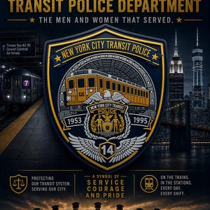 May include: A special limited edition PVC patch featuring the New York City Transit Police Department emblem. The shield-shaped design displays a yellow subway car, a bald eagle, and the years 1953-1995, centered above the number 14.