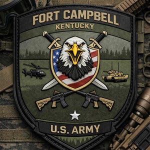 May include: A military patch featuring the words "FORT CAMPBELL KENTUCKY" and "U.S. ARMY". The patch has an eagle emblem with crossed swords, a helicopter, a tank, and two rifles. The background is olive green and black.