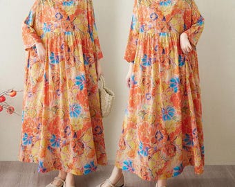 ボヘミアン風花柄オーバーサイズマキシドレス（女性用）、ヴィンテージ風ゆったりカフタンドレス、カラフルな長袖コテージコアドレス