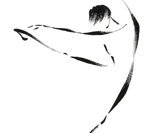 El poder liberado: figura masculina minimalista, decoración de pared abstracta con tinta, danza contemporánea moderna en blanco y negro, obra de arte de una sola pincelada.