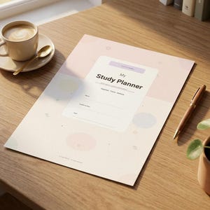 Könnte beinhalten: Ein Studienplaner mit dem Text "My Study Planner" auf einem Holzschreibtisch, neben einer Tasse Kaffee, einem Stift und einer kleinen Topfpflanze. Der Planer hat einen rosa Hintergrund mit pastellfarbenen Kreisen.