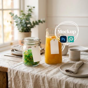 Jars Tags Mockup PSD Vertical Paper Labels | Party Table | Stylish Linen Table | Displayed Printable Note, Event Drinks, Kids Celebration