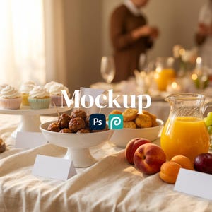 May include: A table setting with various food items, including cupcakes, meatballs, and fruit. A pitcher of orange juice and a bowl of crackers are also present. The word "Mockup" is displayed in the center of the image, along with the Adobe Photoshop and Adobe Premiere Pro logos.