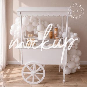 Maqueta PSD 4K de estación de carrito de dulces, vista frontal, accesorio para fotos de eventos, exhibición de pasteles y postres, entorno blanco de lujo, foto de título editorial