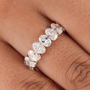 Oval Cut Lab Grown Diamond Half Eternity Band, 14K Solid Gold Delicate Shared Prong Set Wedding Band, Stackable Anniversary Gift For Women