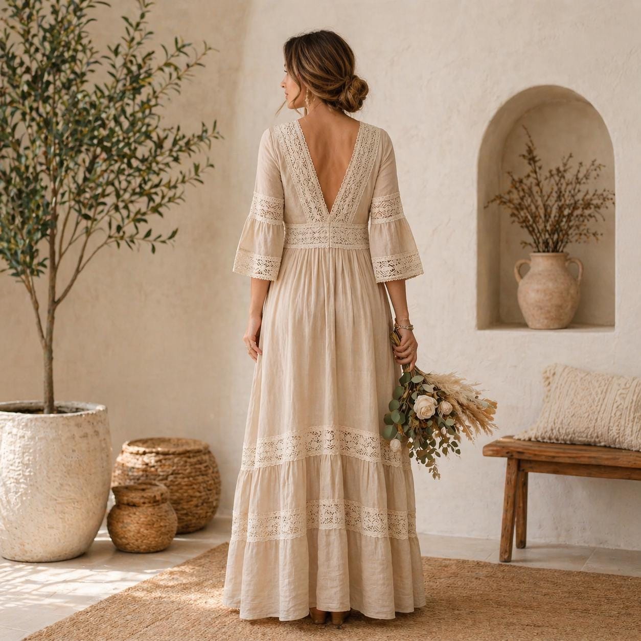 Boho Lace Maxi Dress, Rustic Wedding Guest Dress, Bell Sleeve Bohemian ...