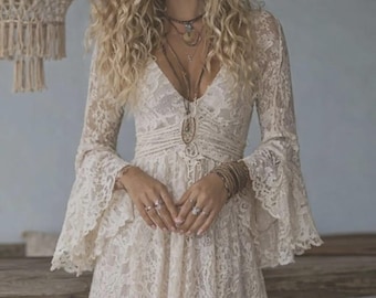 Boho Lace Maxi Dress, Deep V Neck Crochet Dress, Bohemian Wedding Dress, Festival Gown, Beach Boho Dress for Women