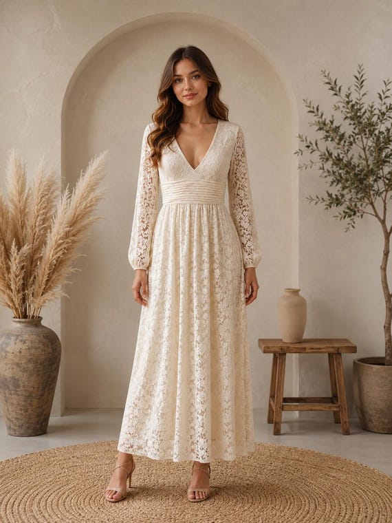boho bridal shower dress wedding a line long sleeve Lace Deep V-Neck Bell Sleeves A-Line Wedding Dress Brides love her flattering shape Bridal Shower 12th Tribe