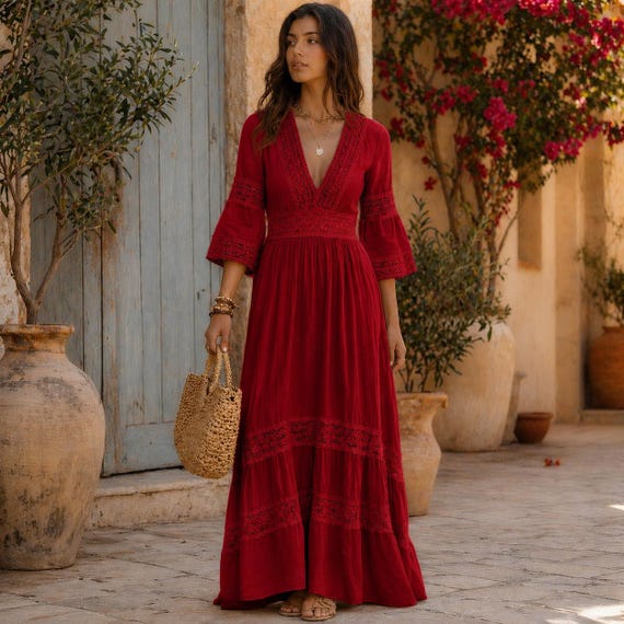boho chic red lace dress Maxi Dress, Rustic Wedding Guest Dress, Bell Sleeve Bohemian Dress, Beige Maxi Women, Cottagecore Dress, Summer Boho Dress length skirt