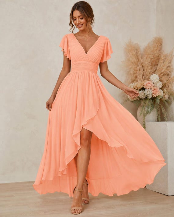 Peach Chiffon Bridesmaid Dress, Boho Maxi Dress, High Low V Neck Dress, Wedding Guest Dress, Flowy Formal Dress for Women