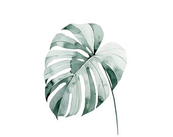 Monstera Leaf Watercolor Print, Sage Green Botanical Wall Art (Instant Download)