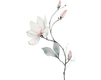 Magnolia Branch Watercolor Print | Minimalist Botanical Wall Art | Ivory White Floral Printable Home Decor